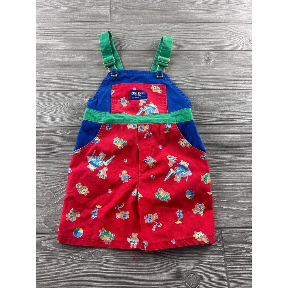 Vintage OshKosh Bgosh Toddler 4T Colorblock Bear Print Shortall Overalls USA